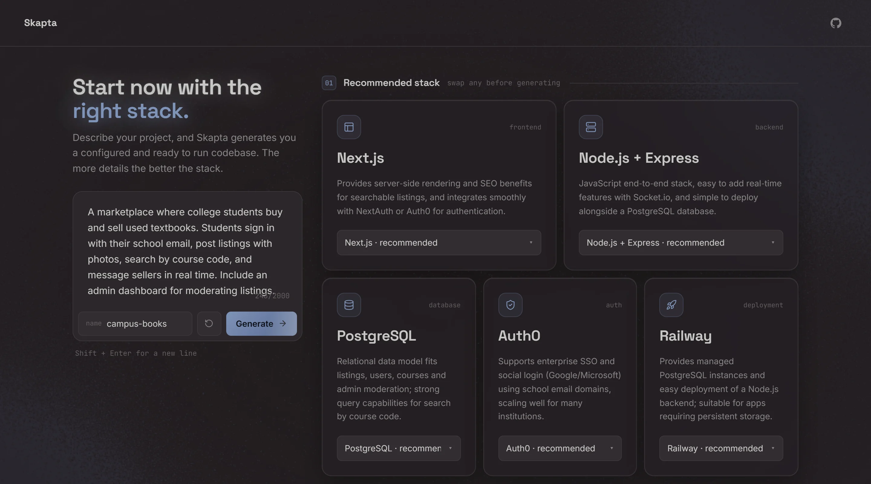 Skapta recommending a stack for a textbook marketplace: Next.js, Node.js with Express, PostgreSQL, Auth0 and Railway, each with a short reason.